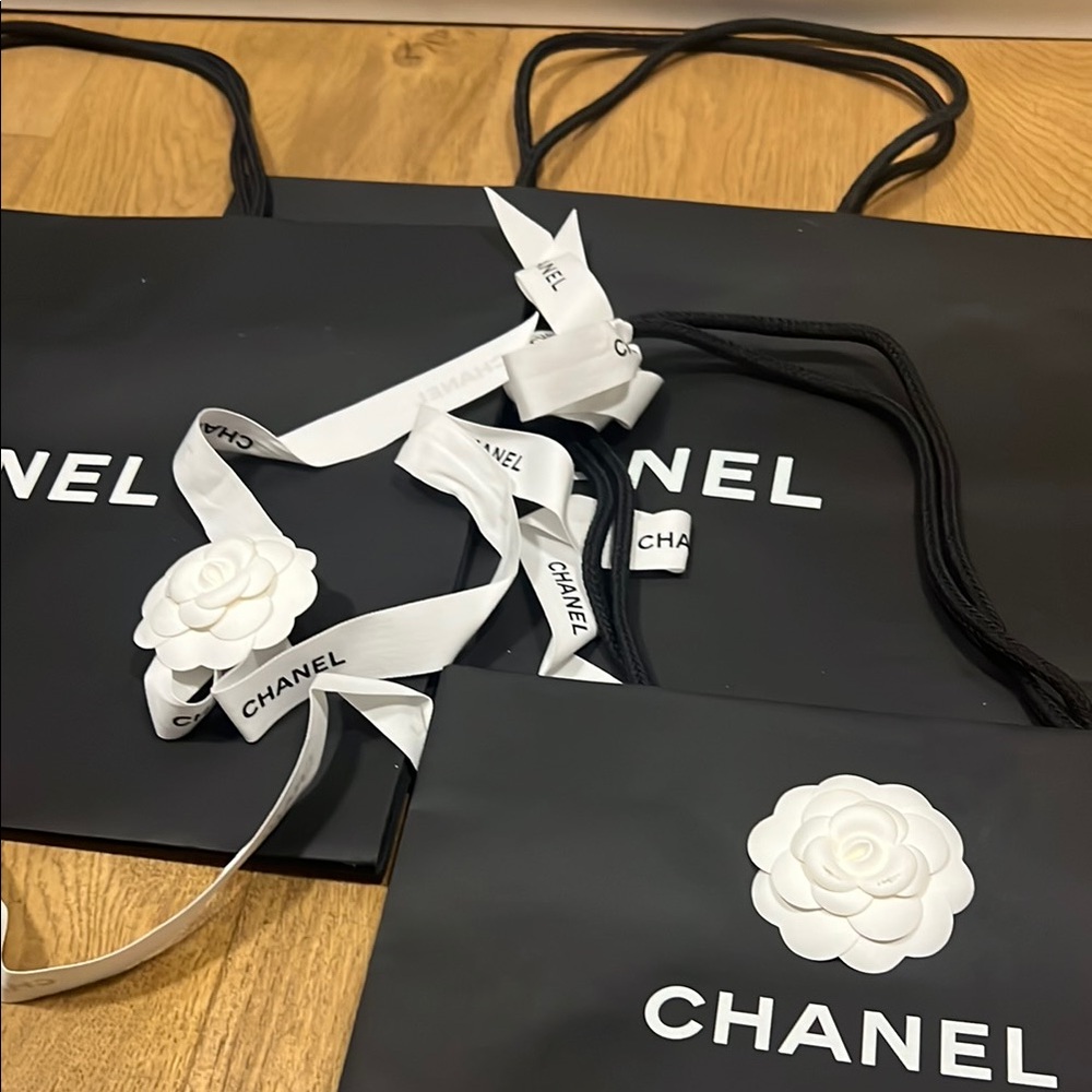 CHANEL Black Shopping Bags with White Camellia Logo and Ribbon - Picture 7 of 7
